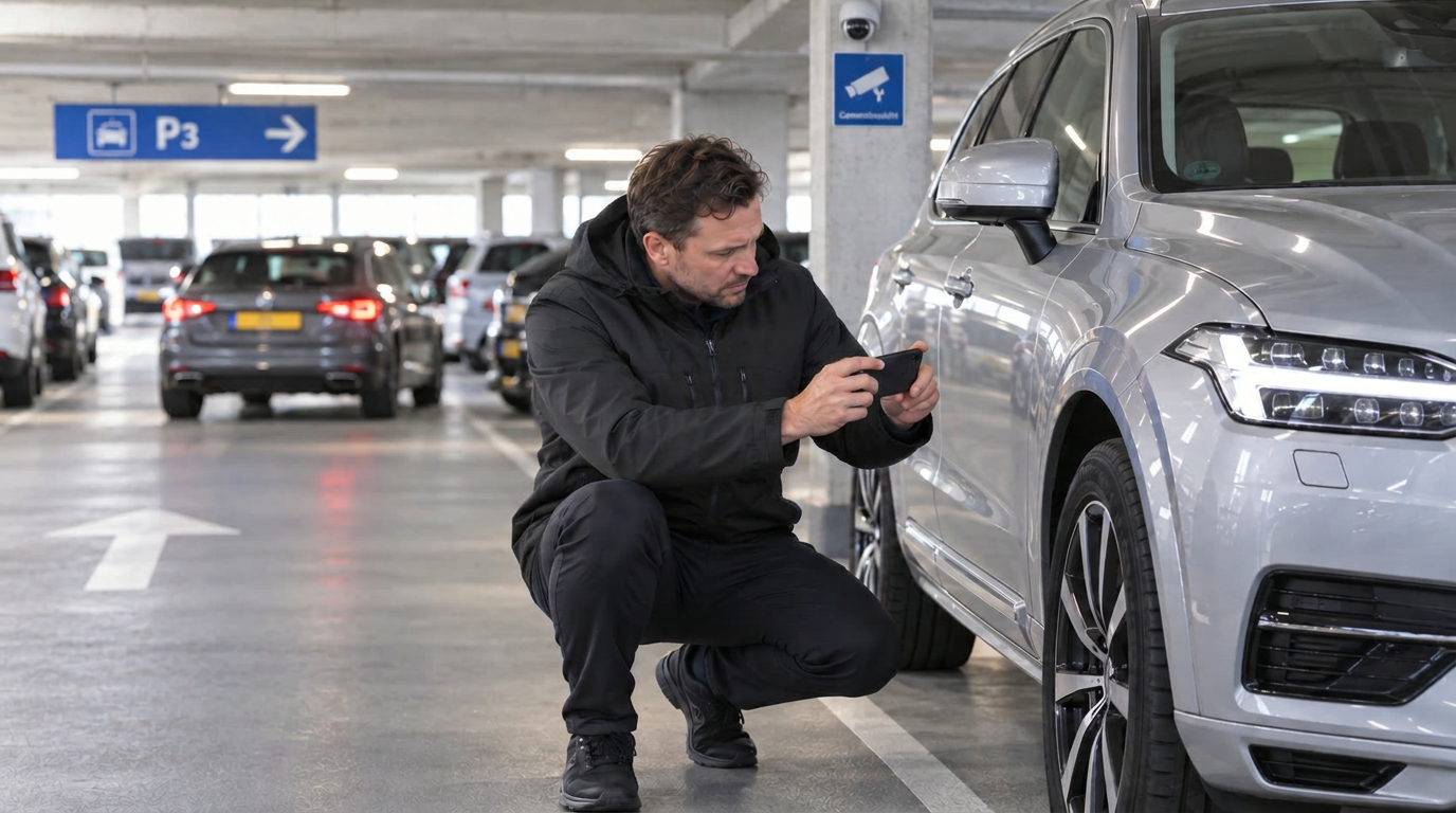Medewerker legt de staat van een auto vast in de parkeergarage